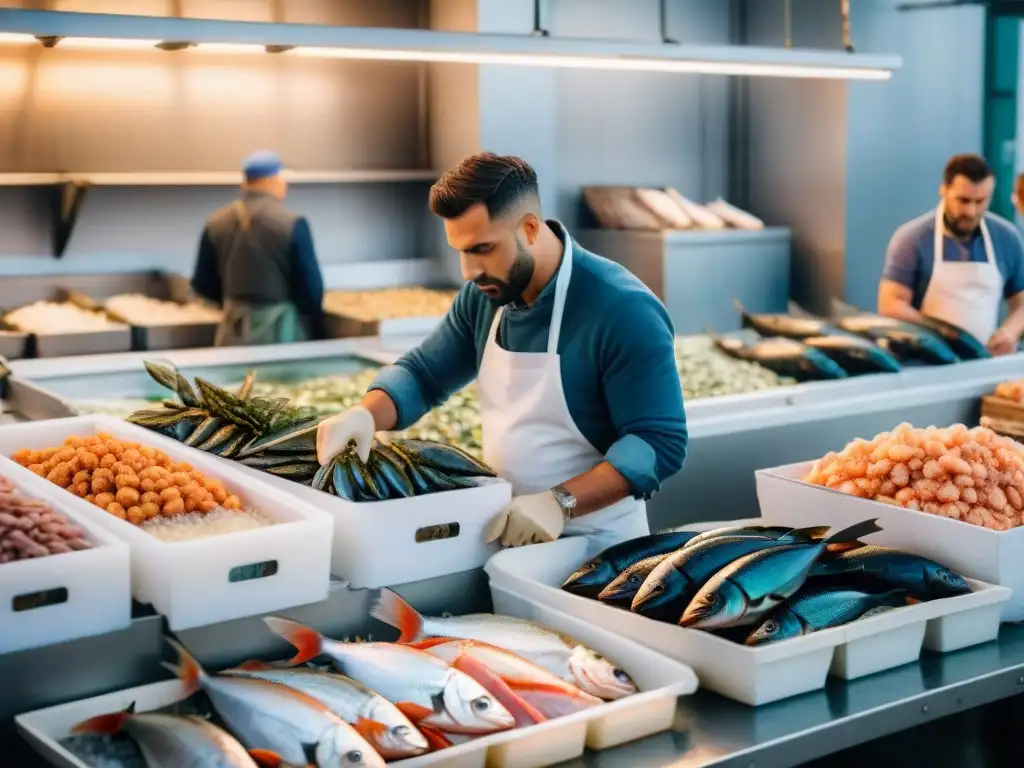 Vibrante mercado de pescado en Francia con pescados y mariscos frescos en hielo