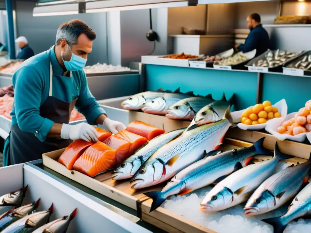 Vibrante mercado de pescado en Francia, tiendas especializadas gastronomía Francia