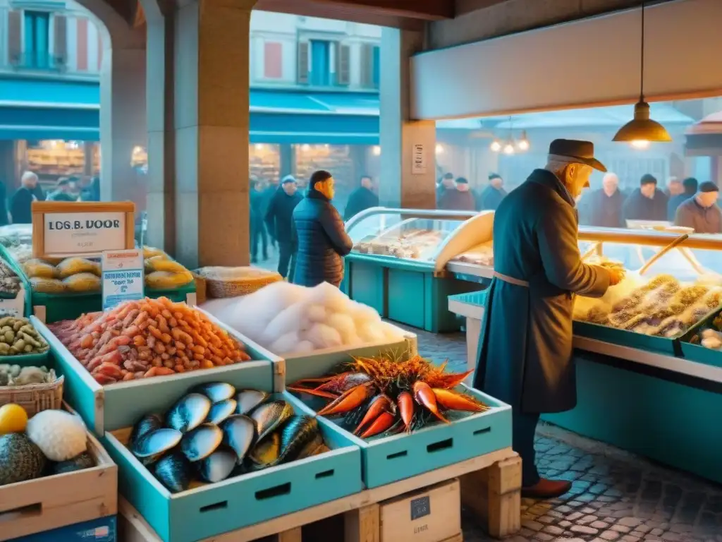 Vibrante mercado de pescado en Francia con tiendas especializadas gastronomía