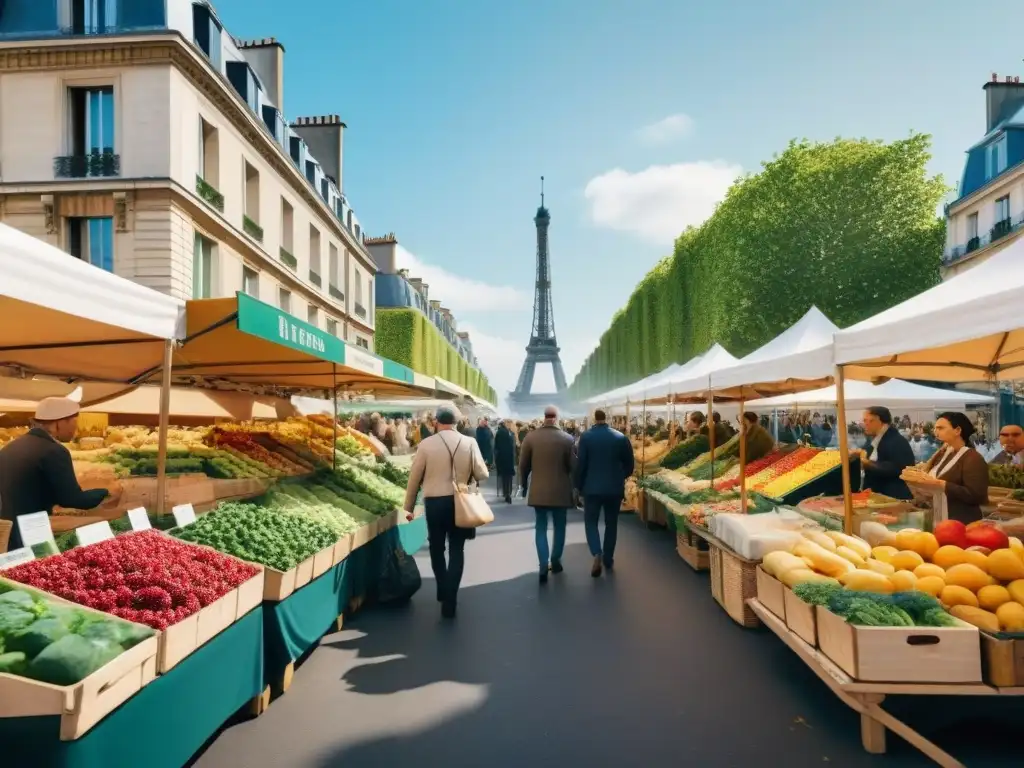 Un vibrante mercado en París con productos locales y diversidad, reflejando la transformación gastronomía francesa consumo consciente