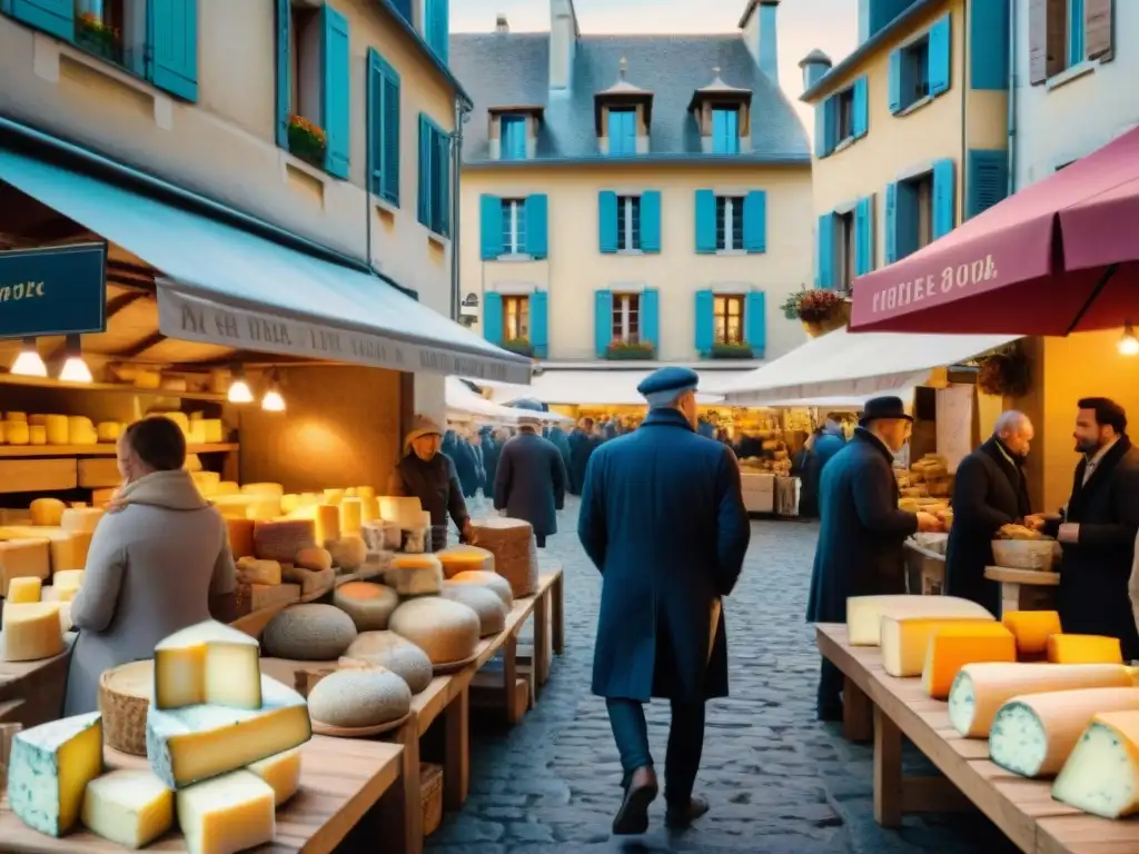 Vibrante mercado de queso francés con locales y vendedores bajo coloridos toldos, en un escenario cultural de impacto en Francia