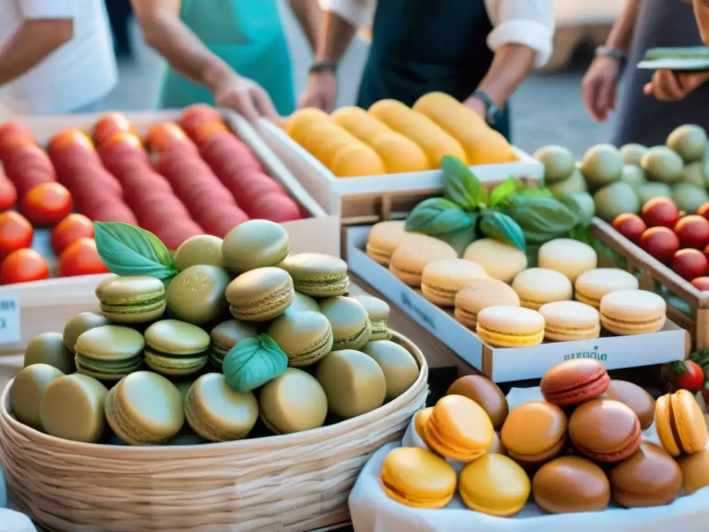 Un vibrante mercado en la Riviera Francesa con productos frescos y especias, exhibiendo la gastronomía francesa innovadora y tradicional