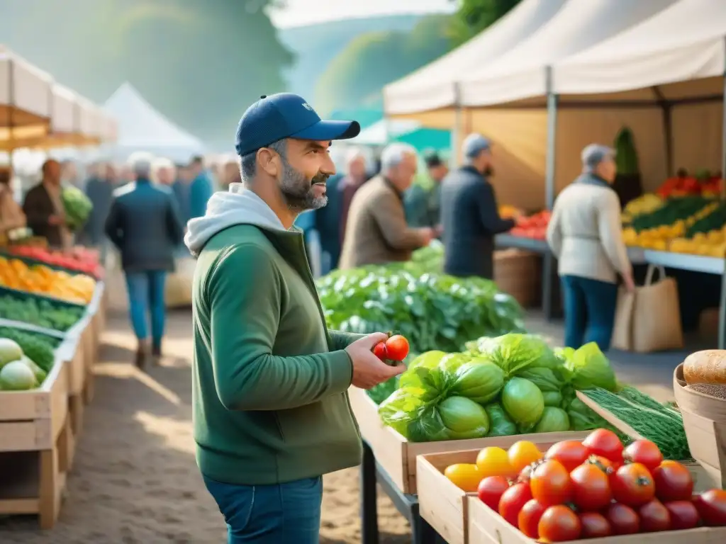 Un vibrante mercado agrícola en Borgoña y Ródano-Alpes, Francia, con productos frescos y conversaciones sobre gastronomía sostenible