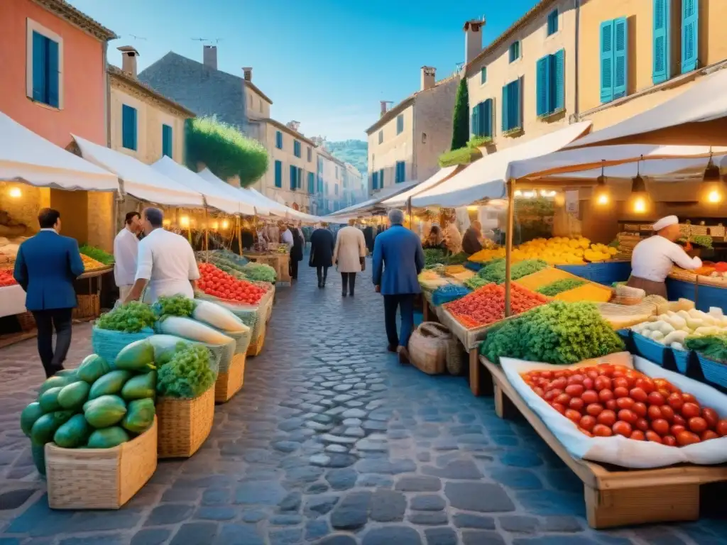 Vibrante mercado provenzal con sabores mediterráneos y gastronomía francesa en escena