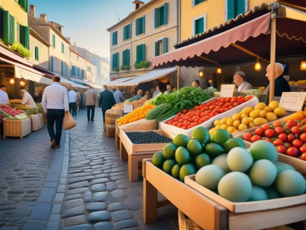 Un vibrante mercado provenzal con sabores mediterráneos: tomates maduros, hierbas frescas, aceitunas y quesos artesanales