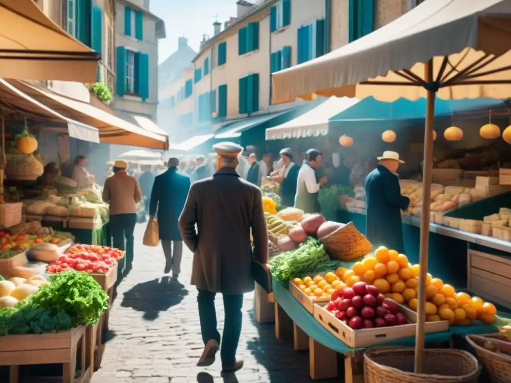 Vibrante mercado en el sur de Francia con productos frescos y vendedores apasionados en concursos gastronómicos en Francia