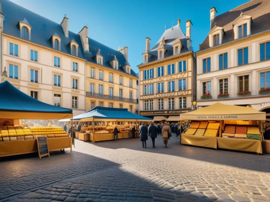 Vibrante mercado en Dijon, Francia, con tiendas de mostaza y arquitectura tradicional