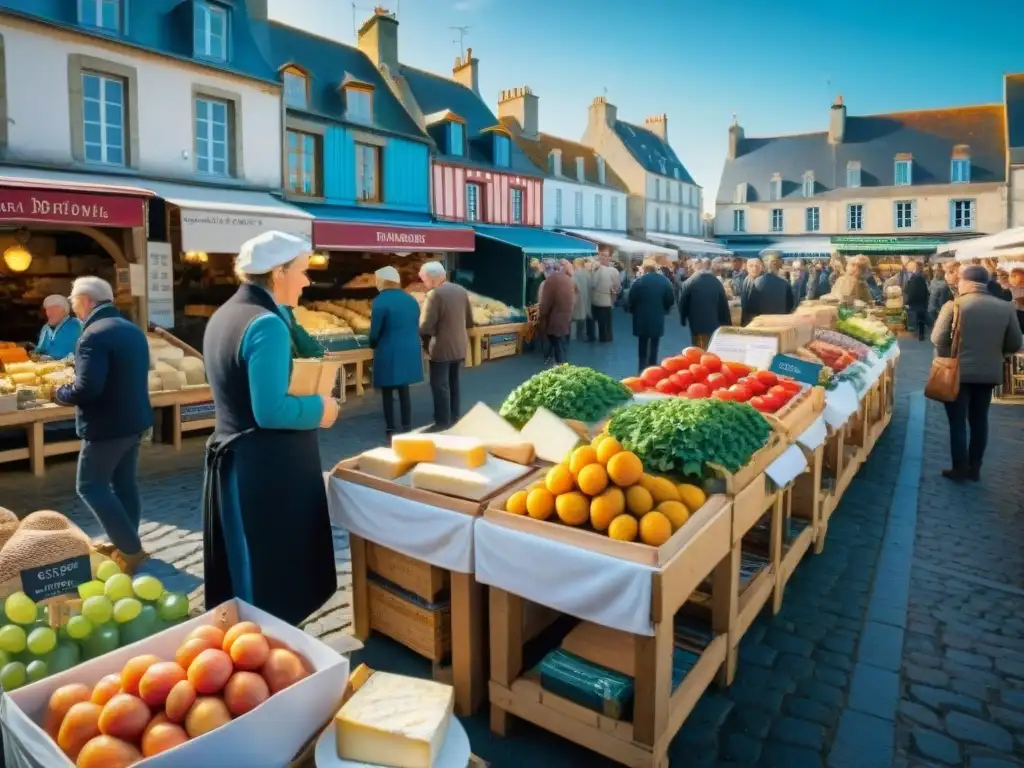 Un vibrante mercado tradicional en Bretaña Francesa, lleno de coloridos productos frescos y locales, quesos artesanales y mariscos