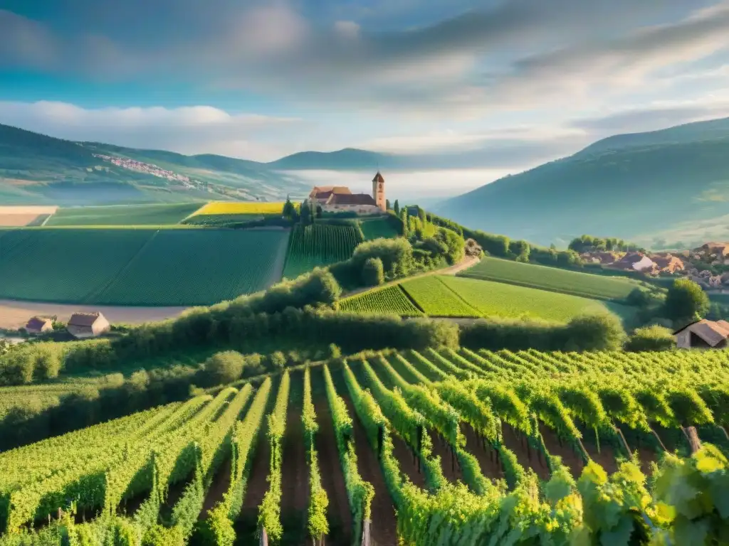 Vibrante paisaje: viñedos de Alsacia donde el Riesling blanco prospera, con pueblos encantadores y bodegas históricas al fondo