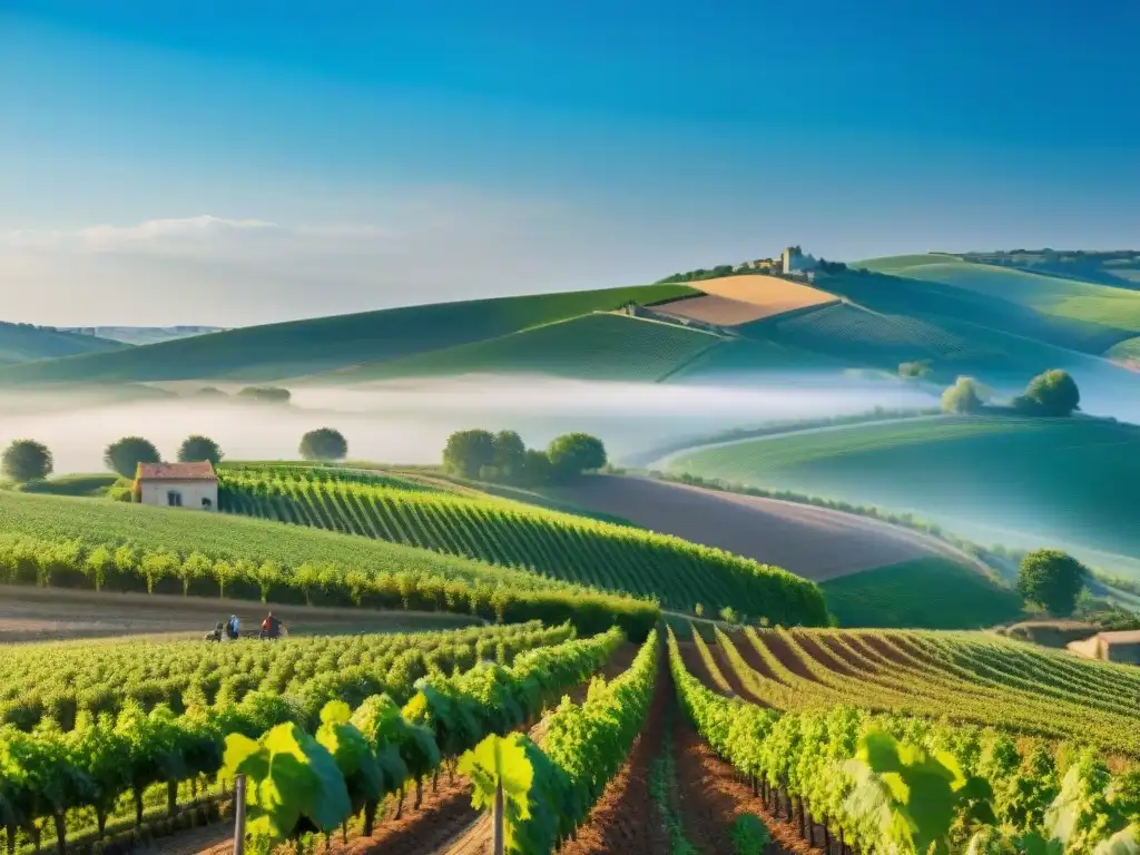 Vibrante paisaje de viñedos en colinas francesas con agricultura sostenible en Francia