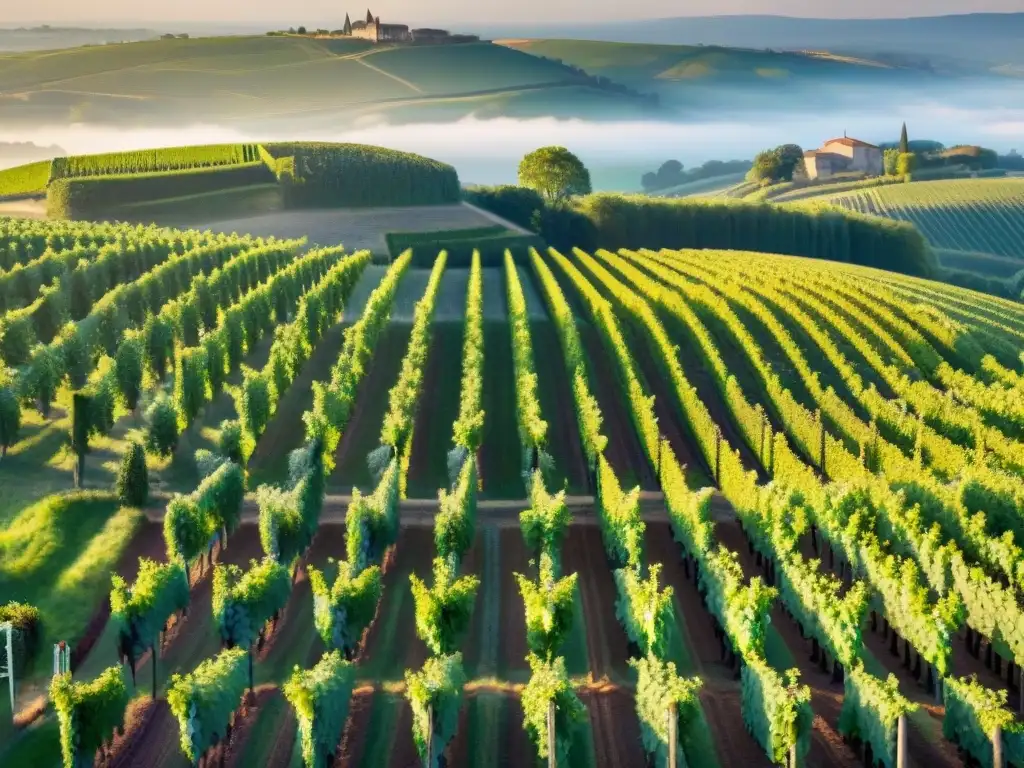 Vibrante paisaje de viñedos en colinas de Burdeos al atardecer, fusionando historia del vino francés con la conquista mundial