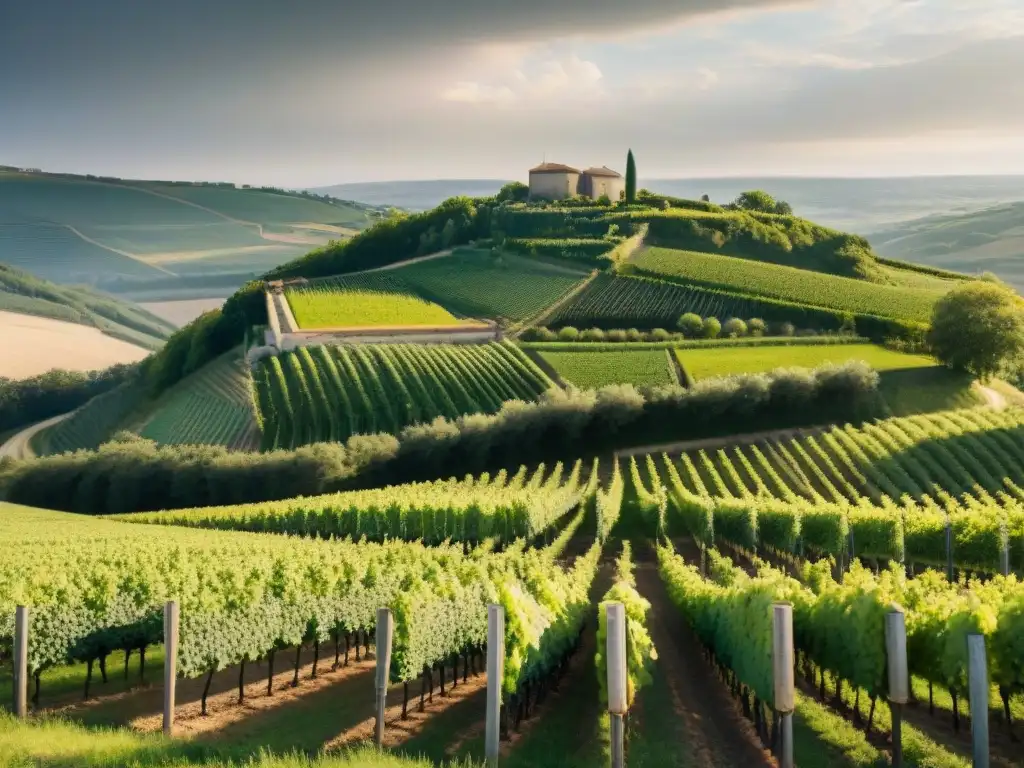 Vibrante paisaje de viñedos franceses con vestigios de guerra, simbolizando la transformación de la industria vitivinícola