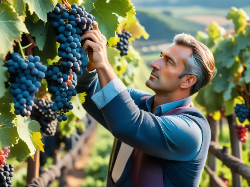 Vibrante proceso creación vino tinto francés: viñedos en vendimia con trabajadores seleccionando uvas rojas bajo el cielo azul