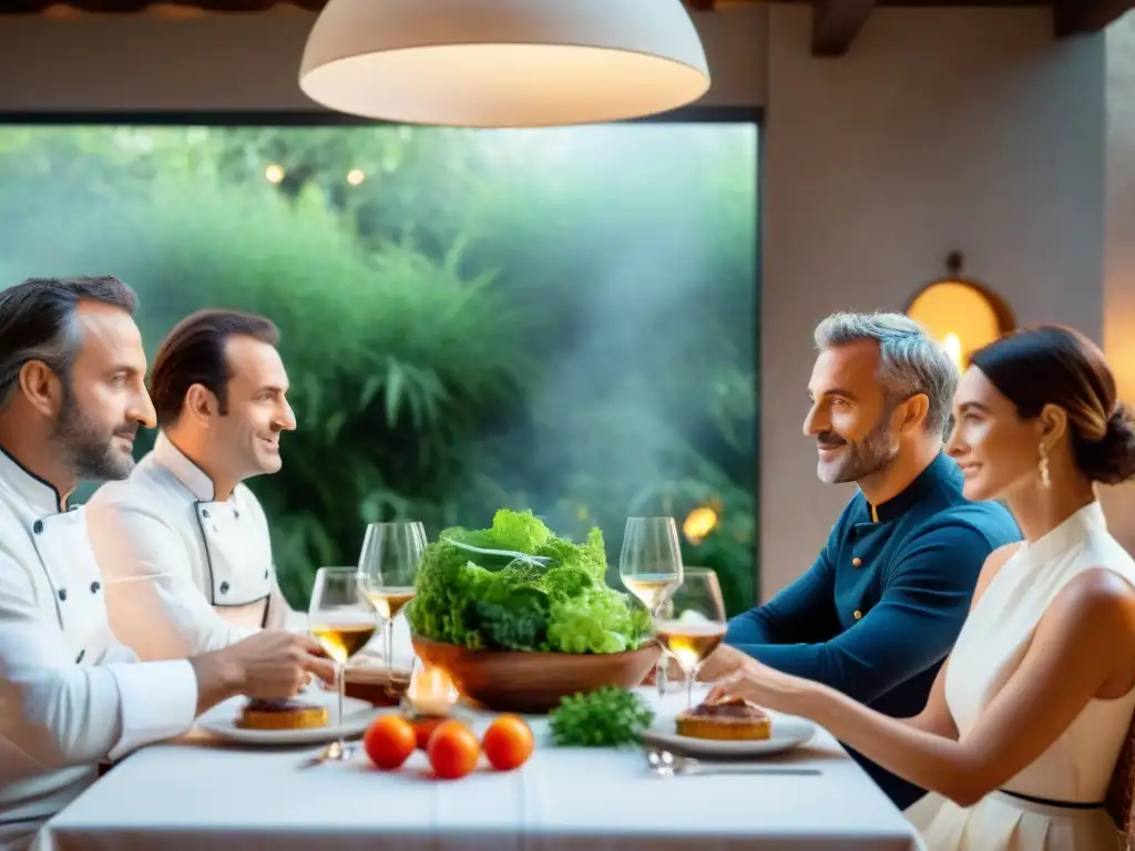 Una vibrante reunión de chefs e influencers en un elegante restaurante francés