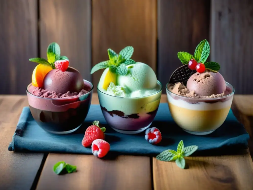 Selección vibrante de sorbetes y gelatos veganos en cuencos de cristal artesanales, con frutas frescas y hojas de menta