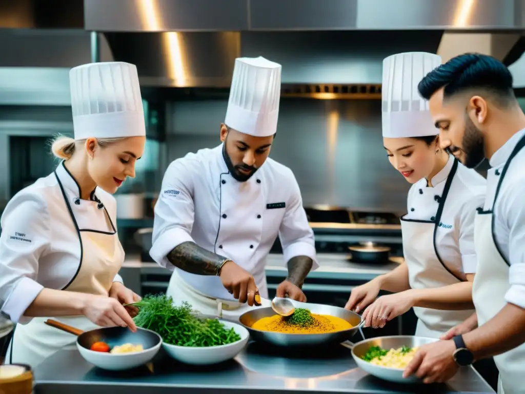 Un vibrante taller de cocina con chefs Michelin colaborando en una cocina moderna y bien equipada, creando platos deliciosos