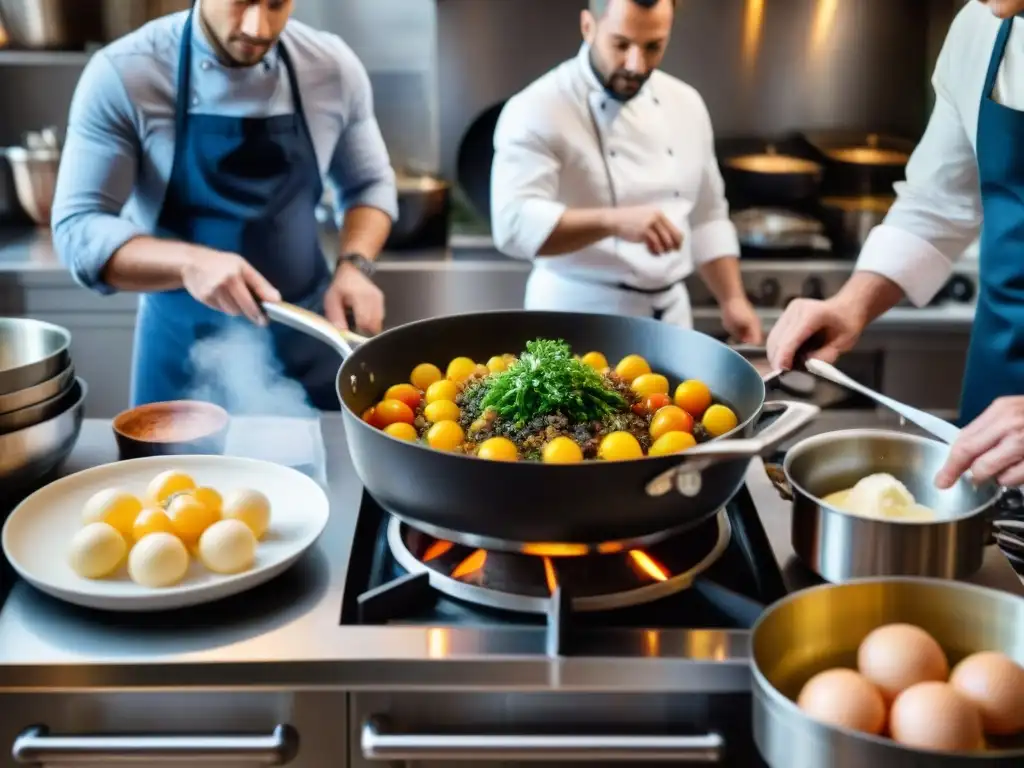 Un vibrante taller de cocina francesa con chefs novatos aprendiendo