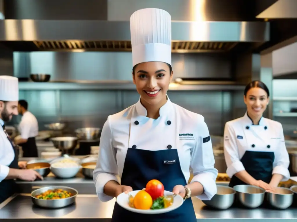 Un vibrante taller de gestión de hospitalidad en Francia con estudiantes diversos en una cocina de hotel