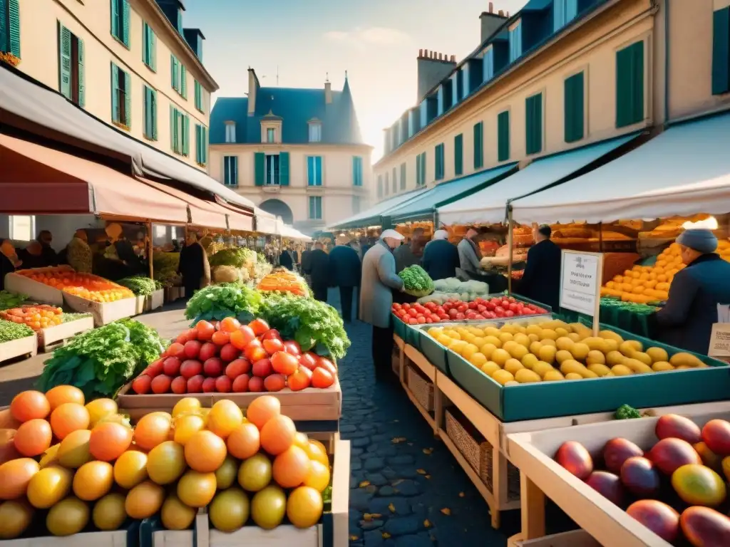 Disfruta de la vibrante variedad de frutas y verduras de temporada en un animado mercado francés de otoño