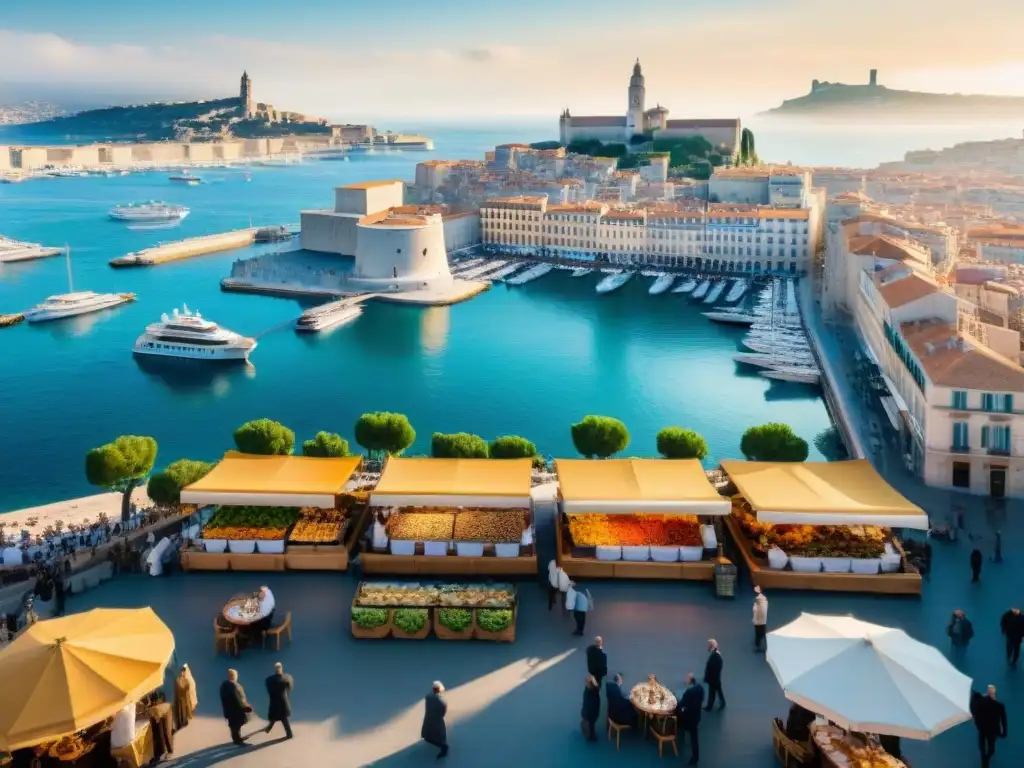 Un vibrante Vieux Port en Marsella durante la hora dorada, reflejando la influencia de la gastronomía francesa en Marsella