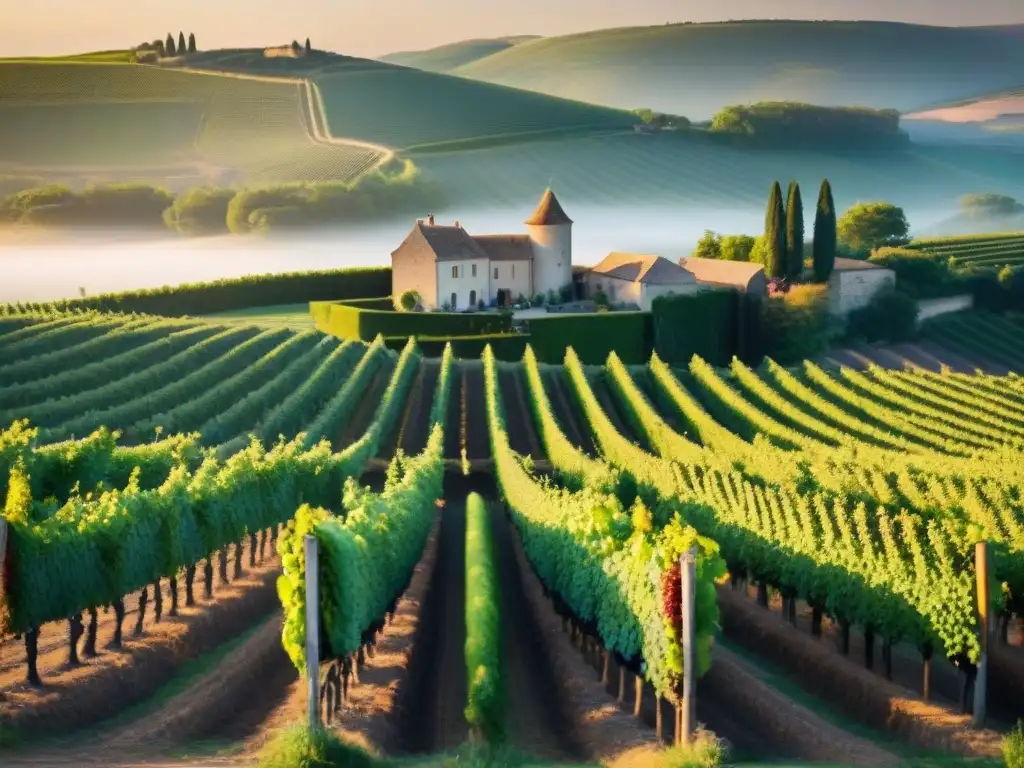 Vibrante viñedo francés al atardecer, con trabajador y château al fondo