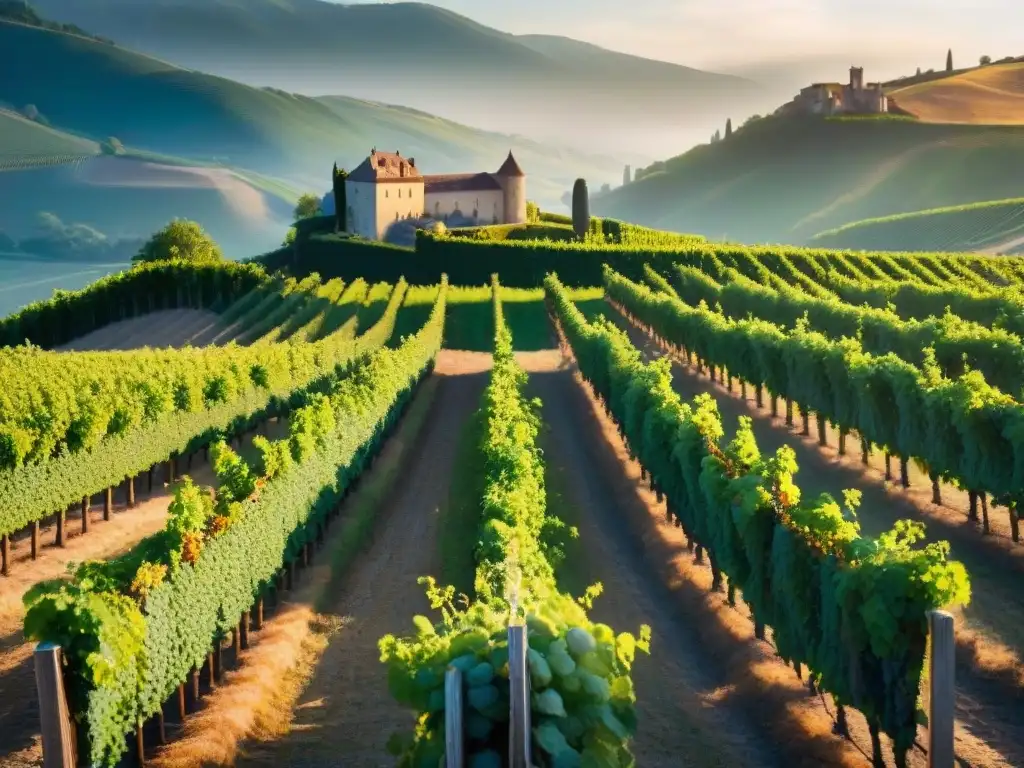 Vibrante viñedo francés al atardecer con uvas maduras, chateau y colinas, ideal para recetas de vegetales al vacío