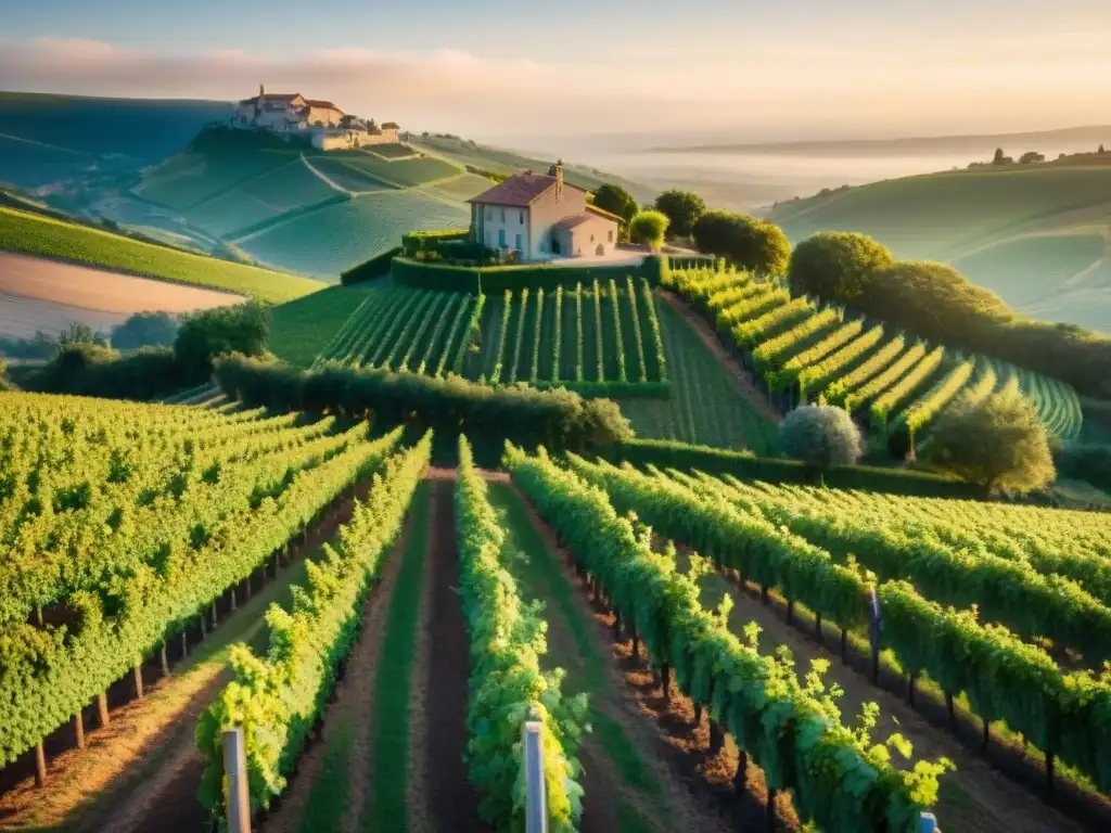 Vibrante viñedo francés al atardecer, producción vinos naturales Francia