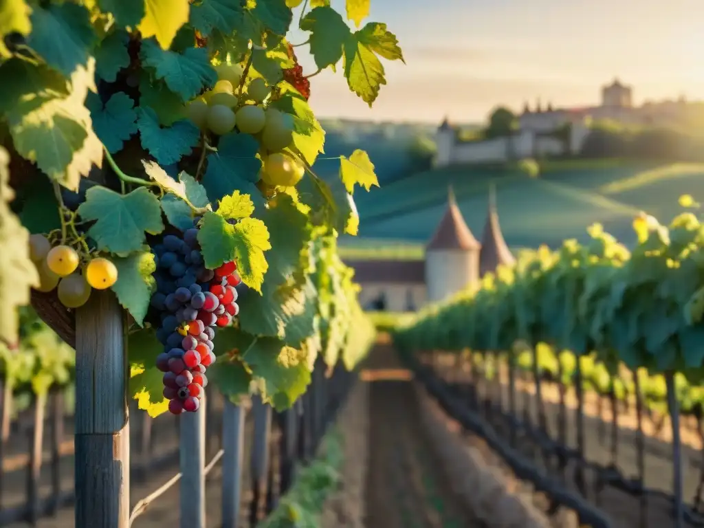 Vibrante viñedo centenario en colinas de Burdeos, con uvas maduras bajo la cálida luz dorada