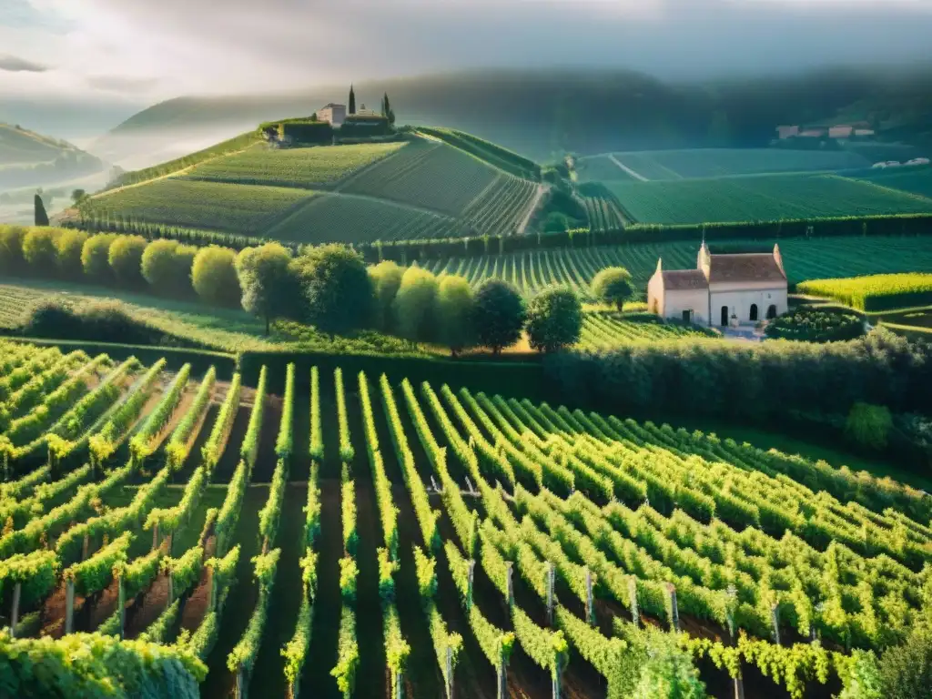 Vibrante viñedo en Champagne, con viñedos verdes, edificios rústicos y colinas