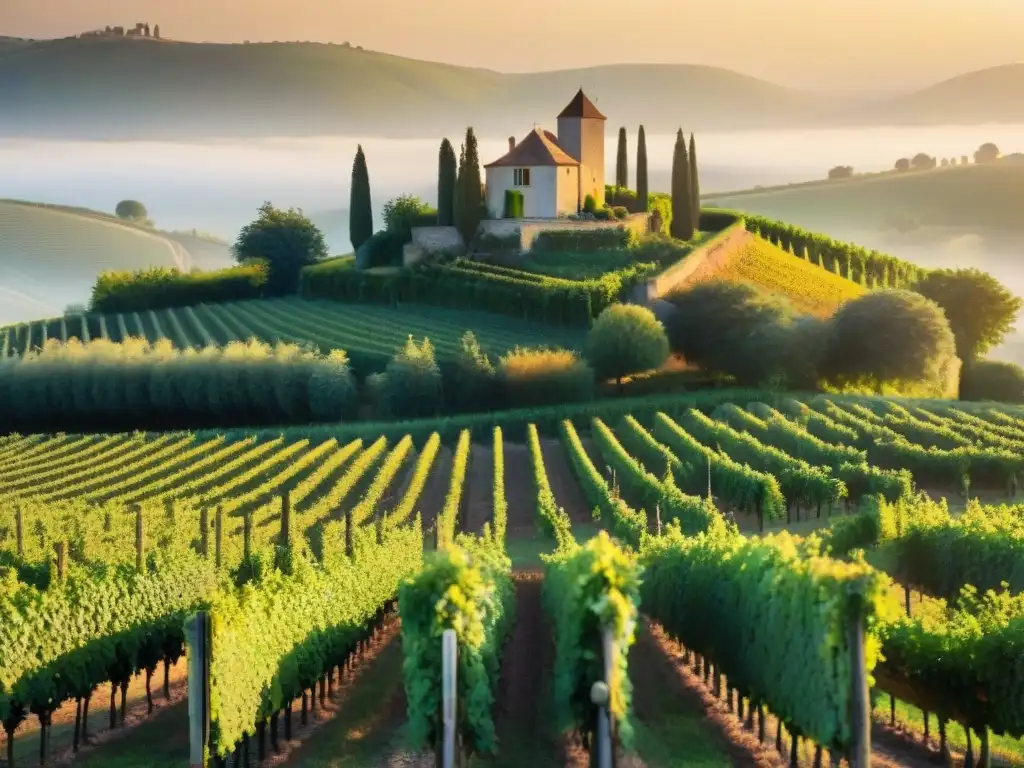 Vibrante amanecer en viñedo francés, maridaje vinos blancos franceses