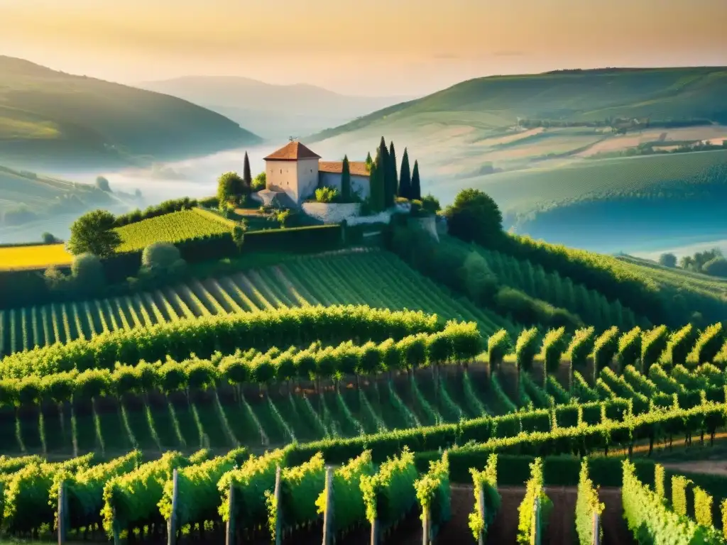 Vibrante viñedo en la región Jura de Francia, donde se cultiva el renombrado Vin Jaune