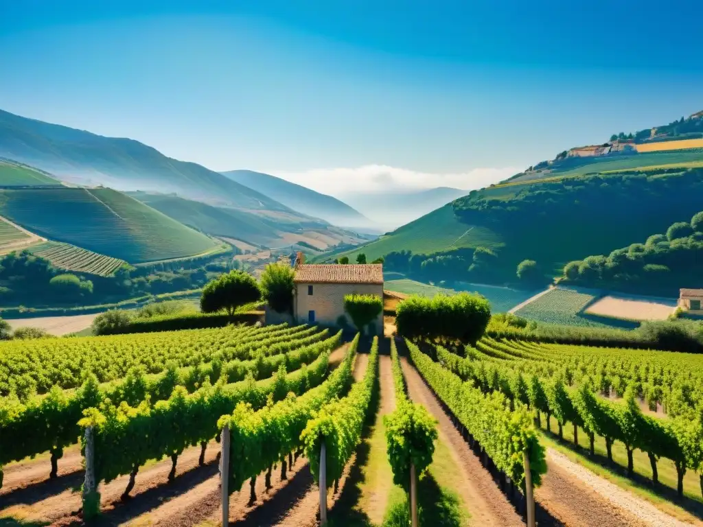 Vibrante viñedo en el Valle del Ródano, con uvas maduras bajo el sol