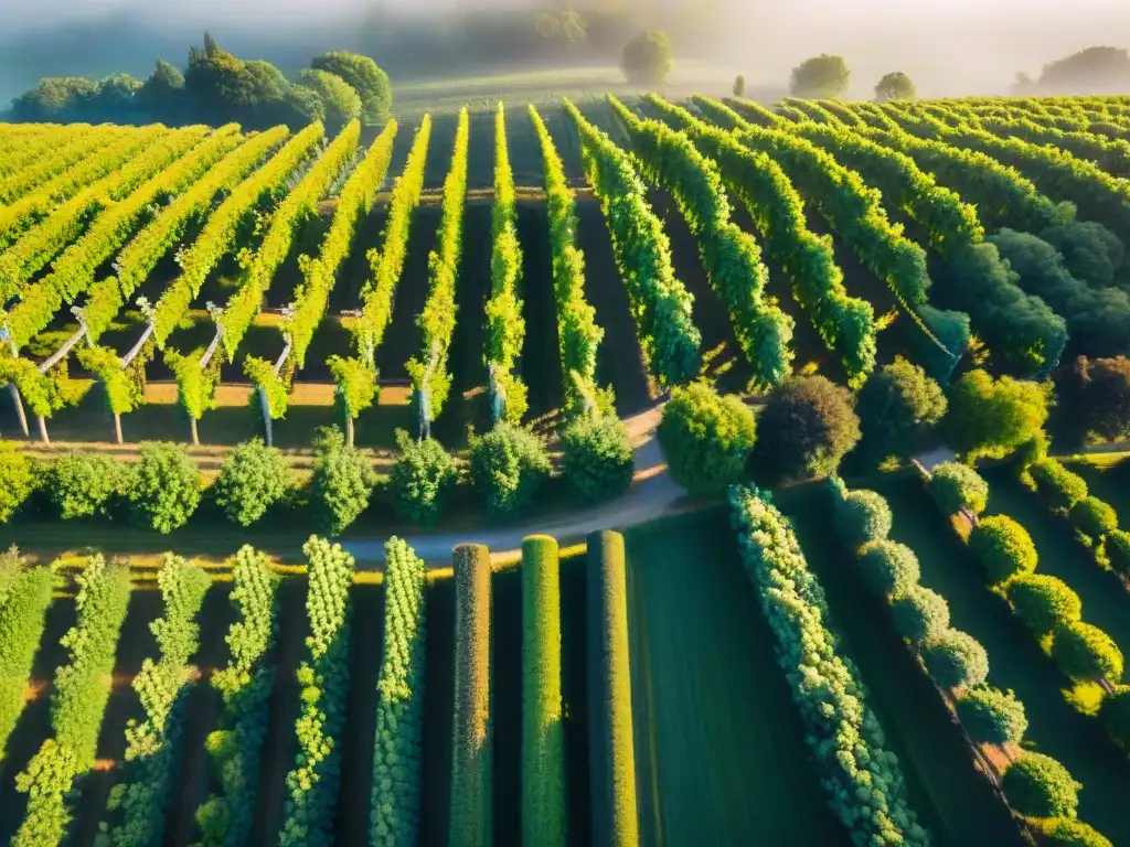 Vibrante vista aérea de viñedos en Bordeaux, con patrones de uvas y châteaus históricos