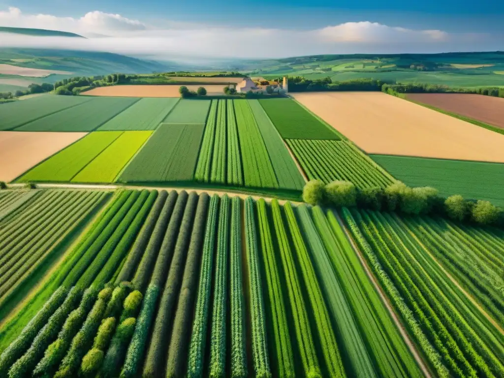 Vibrantes cultivos en campos verdes de la campiña francesa, mostrando la agricultura sostenible en Francia