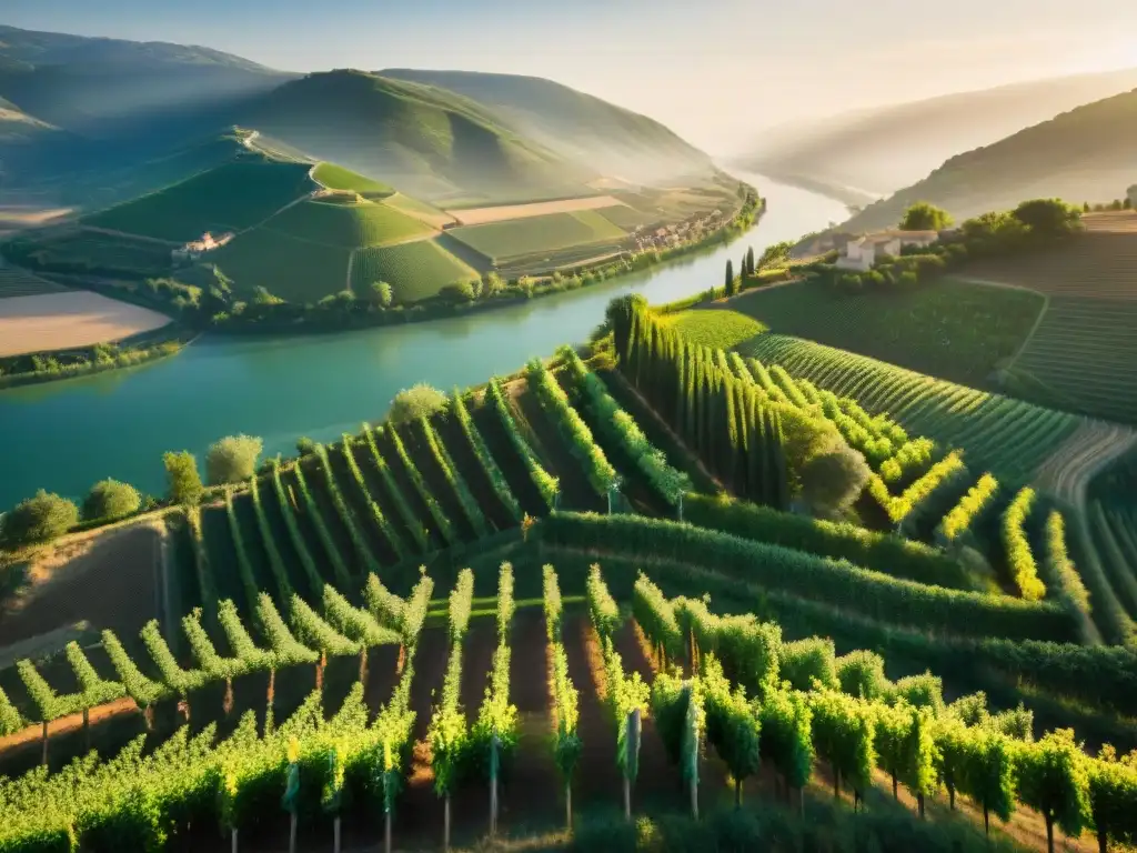 Vibrantes terrazas de viñedos a lo largo del Ródano, con un paisaje natural que destaca los vinos intensos del Ródano