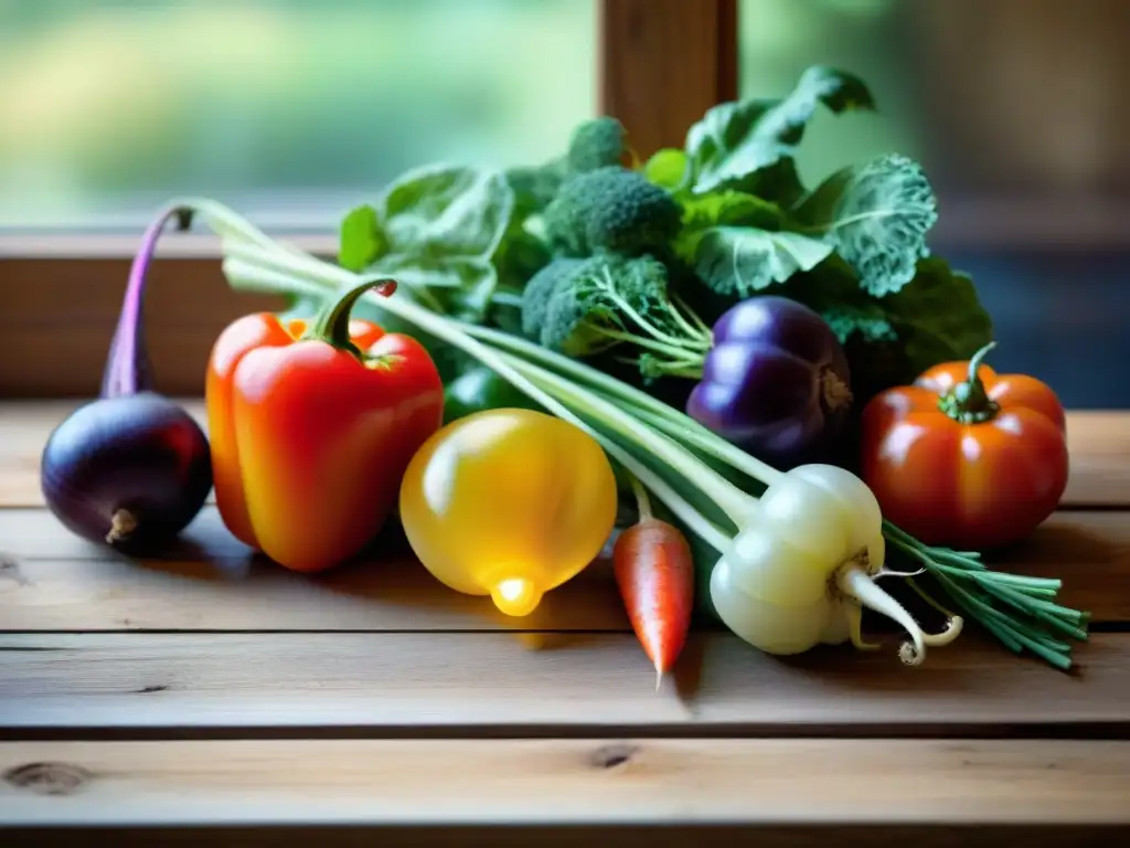 Vibrantes verduras heirloom en mesa rústica, frescas y coloridas, destacando la gastronomía francesa