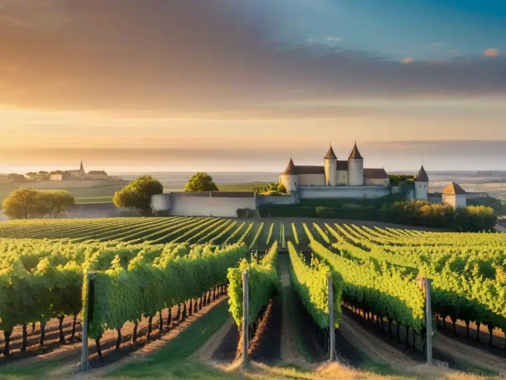 Vibrantes viñedos de Bordeaux al atardecer, con châteaux históricos