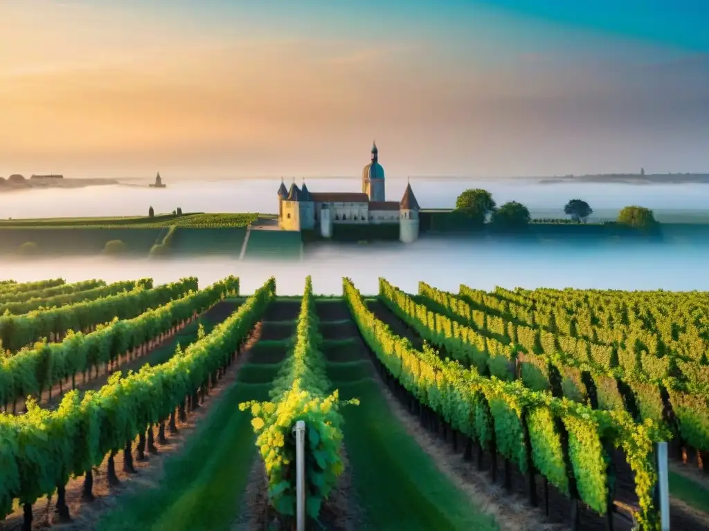 Vibrantes viñedos de Burdeos al atardecer con un castillo francés en el horizonte