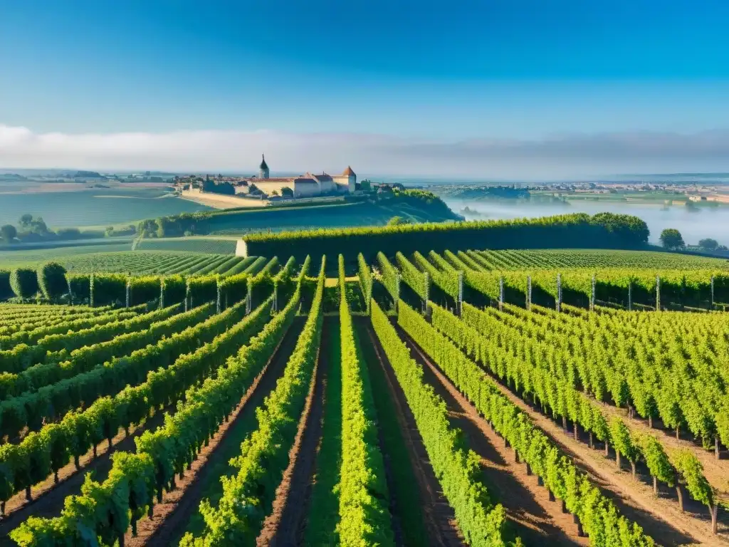 Vibrantes viñedos en Bordeaux, Francia, con filas de uvas verdes bajo el cielo azul