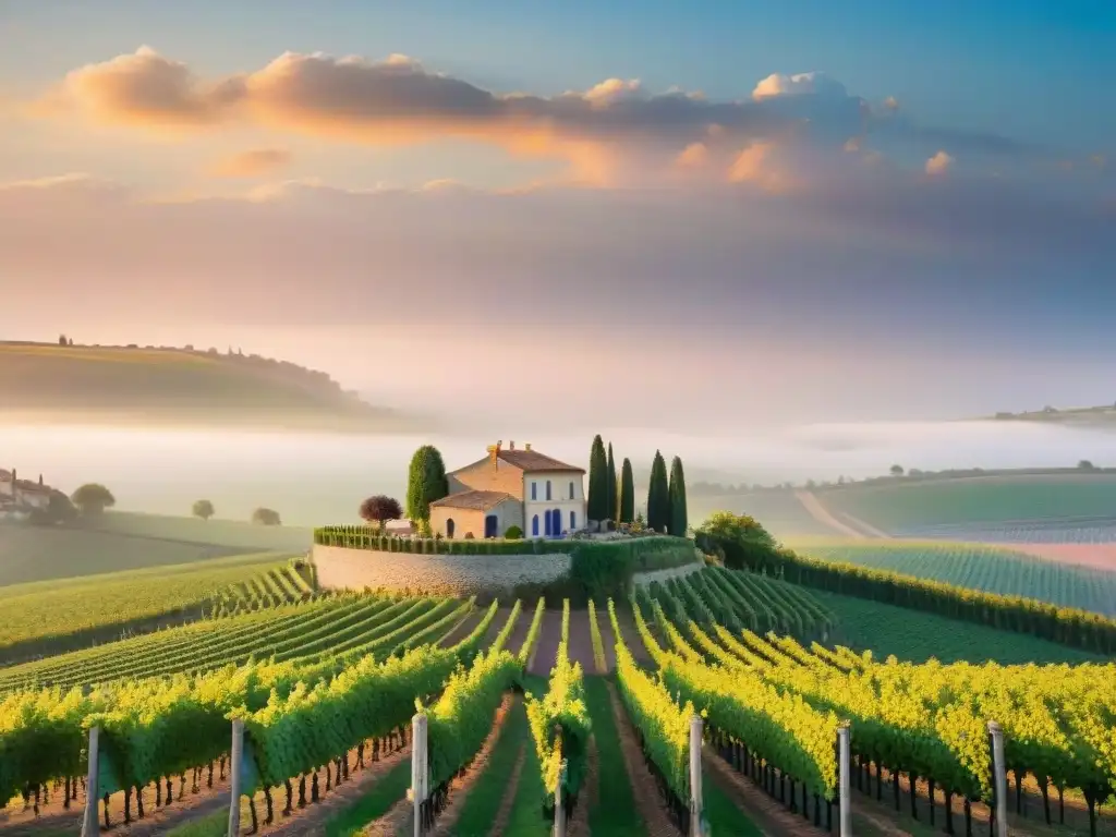 Vibrantes viñedos franceses al atardecer, con granja de piedra y cielo en tonos cálidos