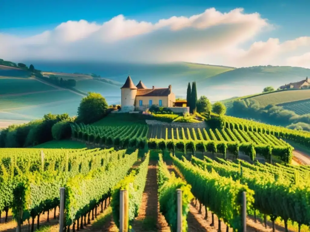 Vibrantes viñedos franceses bajo el sol, con una bodega y trabajadores cuidando los vinos fermentados