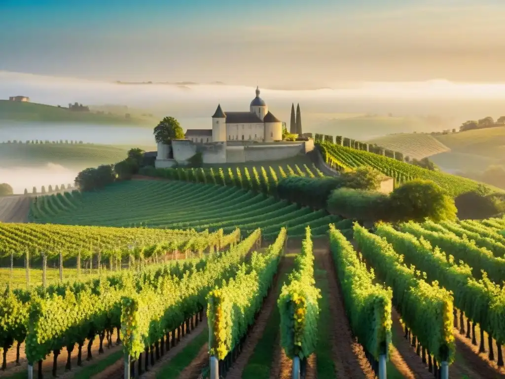 Vibrantes viñedos de la Ruta del vino en Francia al amanecer dorado, con neblina matutina y chateau de fondo