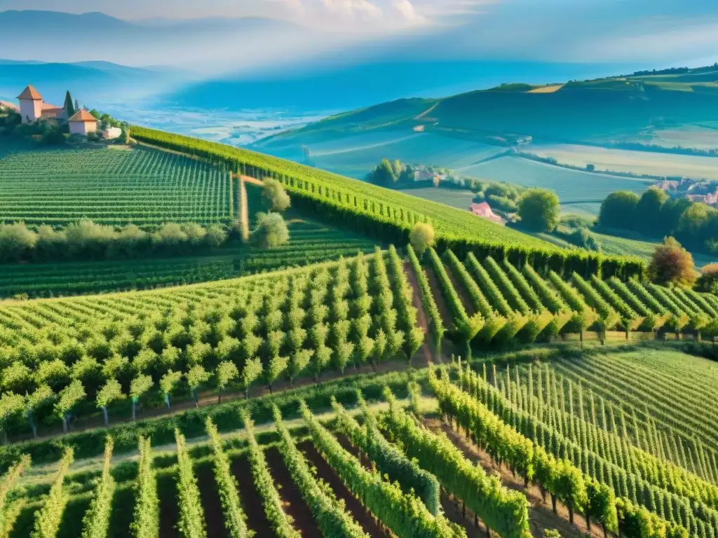 Vibrantes viñedos de la Ruta del Vino de Alsacia en colinas verdes bajo cielo azul