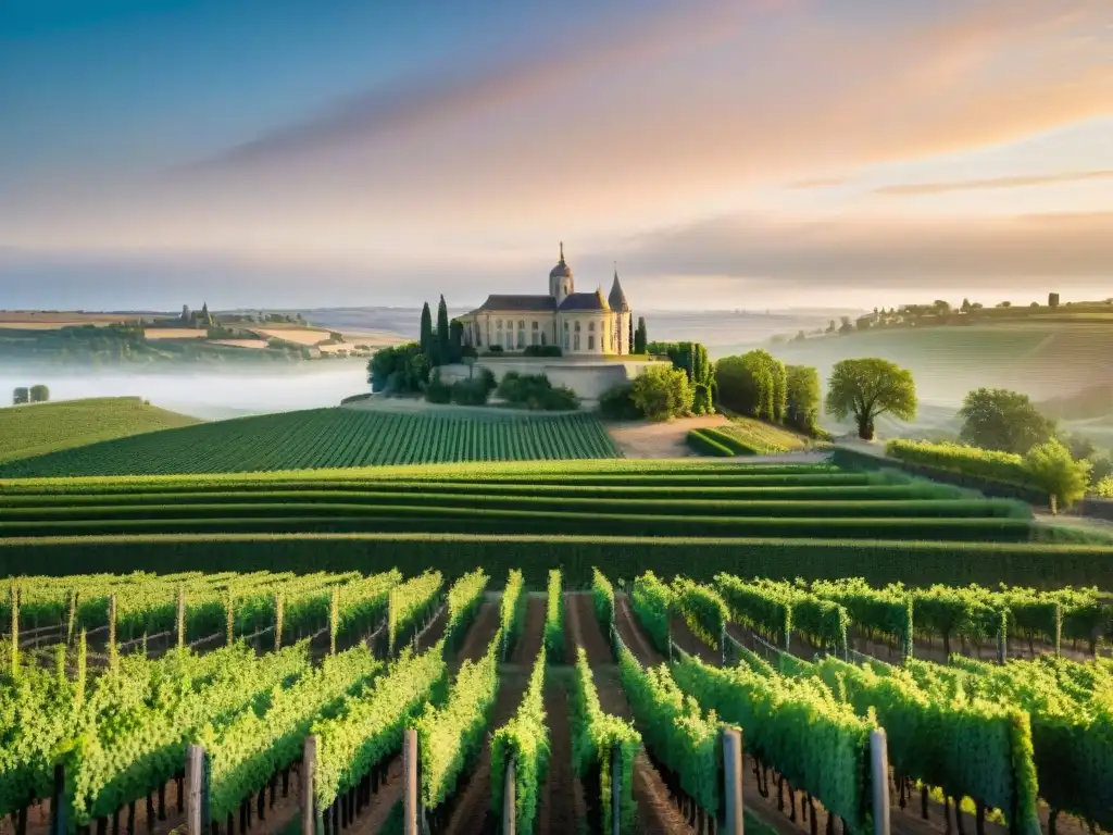 Vibrantes viñedos en las Rutas del vino en Francia al atardecer, con un chateau francés al fondo