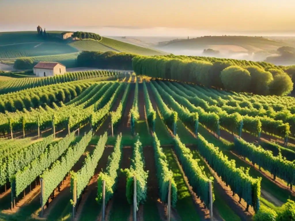 Vibrantes viñedos de Bordeaux bajo el sol dorado, evocando la tradición de vinos fermentados bodegas francesas