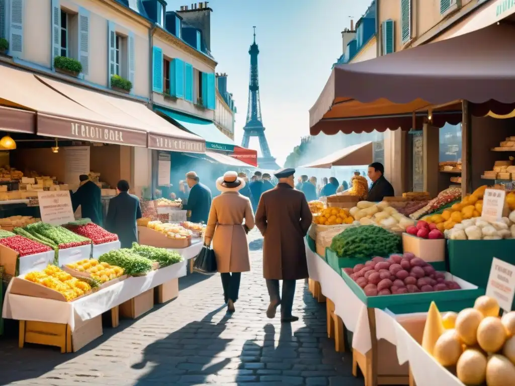 Vida en un mercado francés: colores, productos frescos, comunidad y la icónica Torre Eiffel de fondo