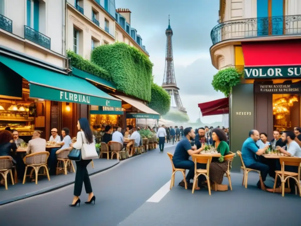 Vida parisina: Restaurantes franceses vegano innovadores en cafés al aire libre con la Torre Eiffel de fondo