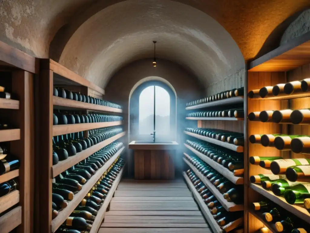 Vieja bodega francesa de champagne, con botellas en estiba