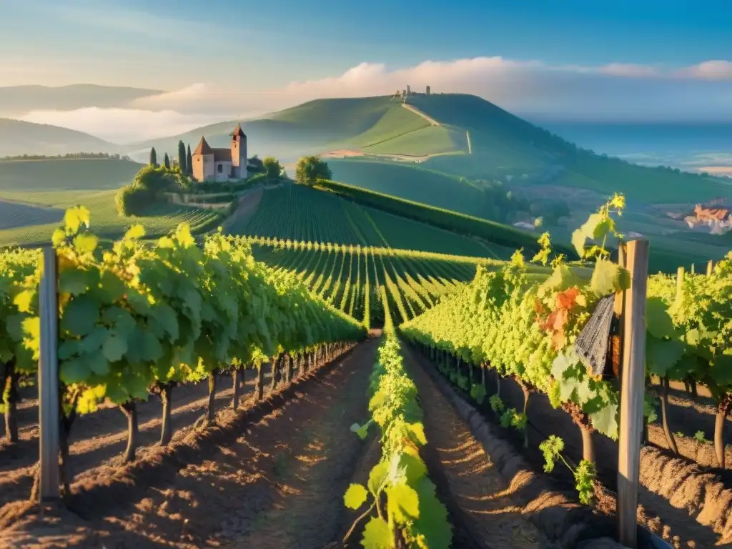 Un viñedo francés en la región de Alsacia al atardecer, con vides llenas de uvas maduras y un château elegante