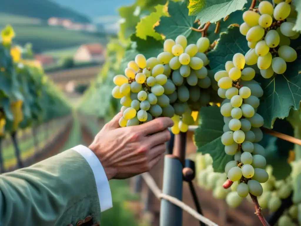 Viñedo en Alsacia con racimos de uvas Riesling, cuidadosamente inspeccionados por un viticultor